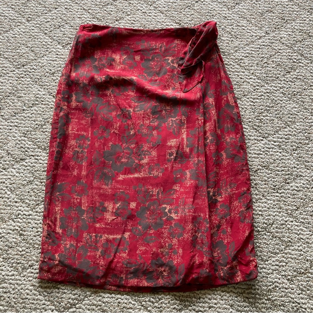 Charter Club Red & Brown Floral Print Silk Wrap Skirt 12